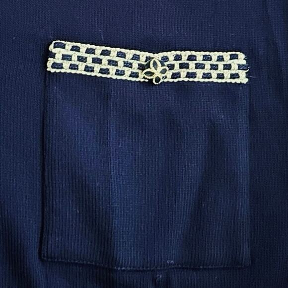St. John Navy Blue Santana Knit Zip Cardigan Sweater L Metallic Trim  V-Neck - Picture 12 of 12